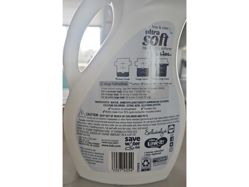 Lidl Ultra Soft Liquid Fabric Softener, Free & Clear, 60 Loads, 51 fl oz/1.5 L