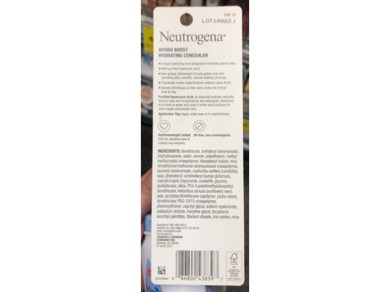 Neutrogena Hydro Boost Hydrating Concealer, Fair 10, 0.12 oz/3.4 g