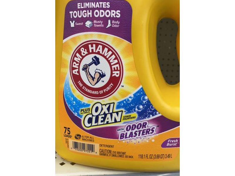 Arm & Hammer Plus OxiClean with Odor Blasters Liquid Laundry Detergent, Fresh Burst, 75 Loads, 118.1 fl oz/3.49 L