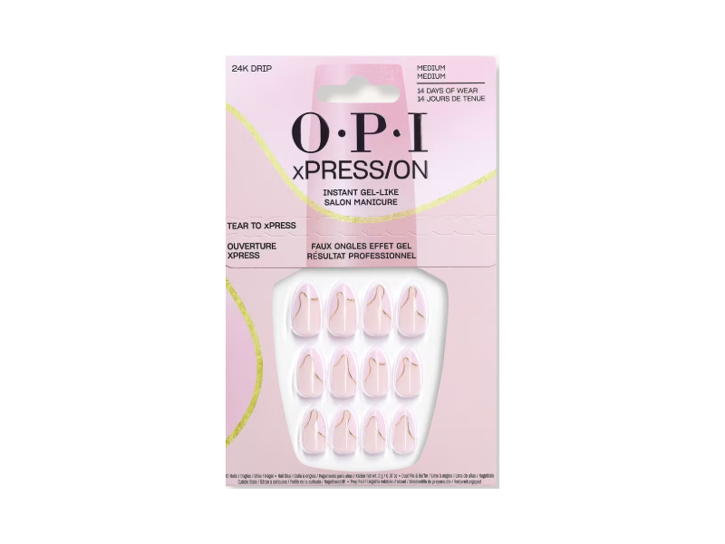Opi Xpress/On Instant Gel Like Salon Manicure Press On Nails, 24K Drip Medium, 30 Nails