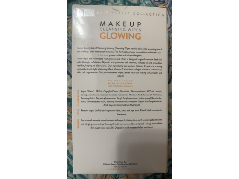Global Beauty Care Glowing Make Up Cleansing Wipes, Glycolic Acid & Vitamin C, 60 Count