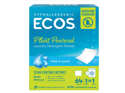 ECOS Plant Powered Laundry Detergent Sheets, Free & Clear, 64 Loads, 64 Sheets