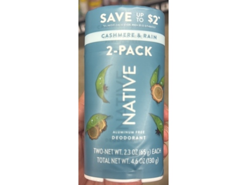 Native Deodorant, Cashmere & Rain, 2.3 oz/65 g, Pack Of 2