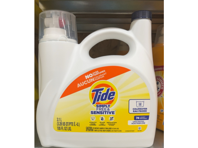 Tide Simply Free & Sensitive Laundry Detergent, Unscented, 74 Loads, 105 fl oz/3.1 L