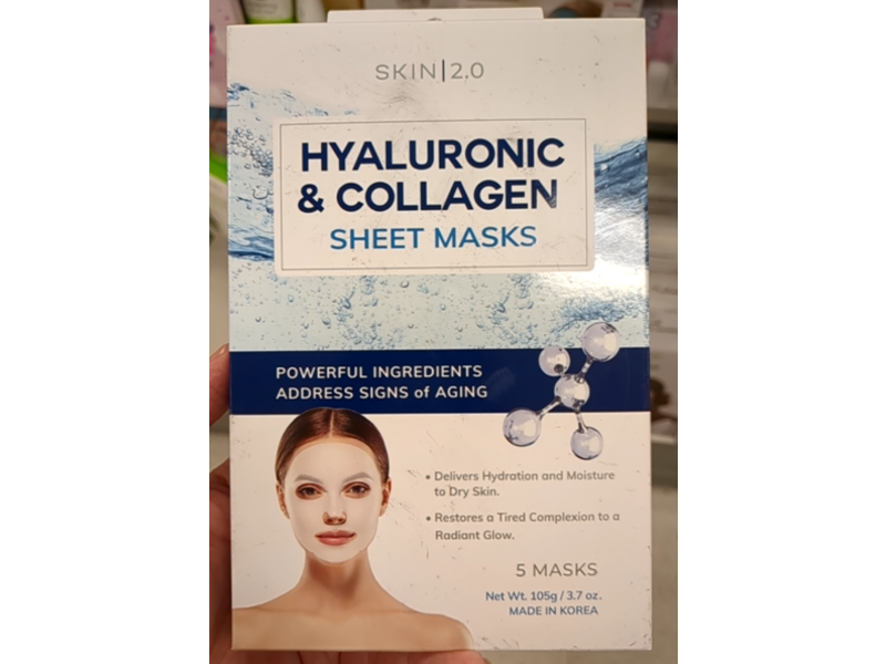 Skin 2.0 Sheet Masks, Hyaluronic & Collagen, 3.7 oz/105 g, 5 Count