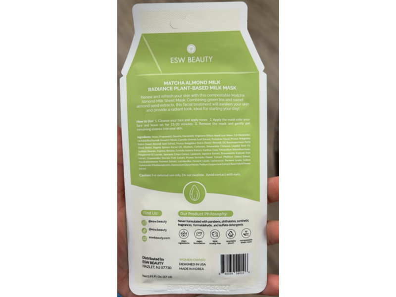 ESW Beauty Radiance Plant-Based Milk Mask, Matcha Almond Milk, 0.91 fl oz/27 mL