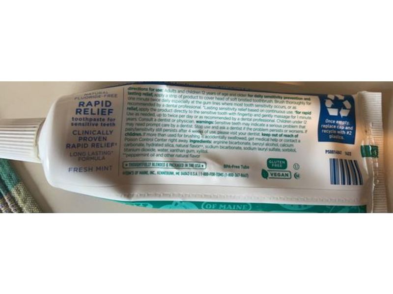 Tom's Of Maine Rapid Relief Toothpaste, Fresh Mint, 4.0 oz/113 g