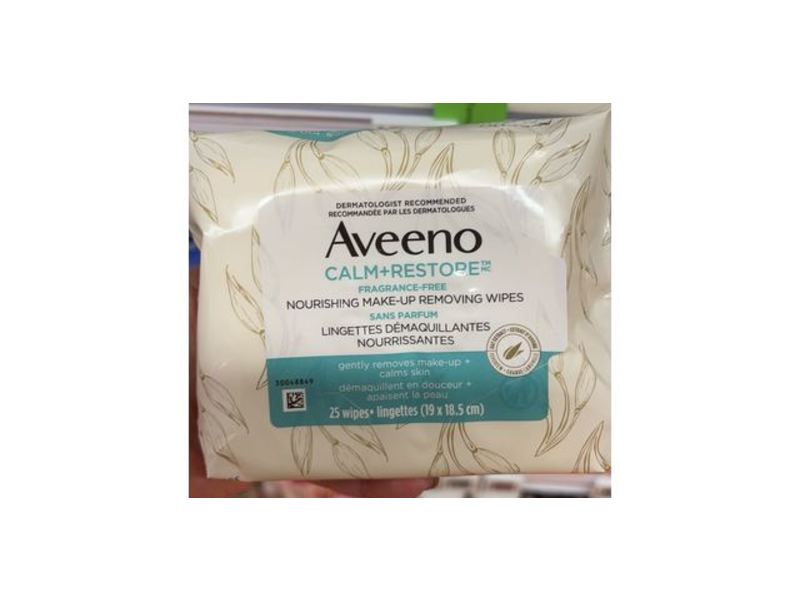 Aveeno Calm + Restore Nourishing Make-Up Removing Wipes, Fragrance Free, 25 Count