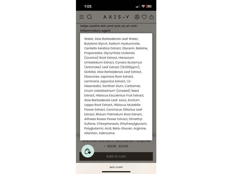 Axis-Y Artichoke Intensive Skin Barrier Ampoule, 1.01 fl oz/30 mL