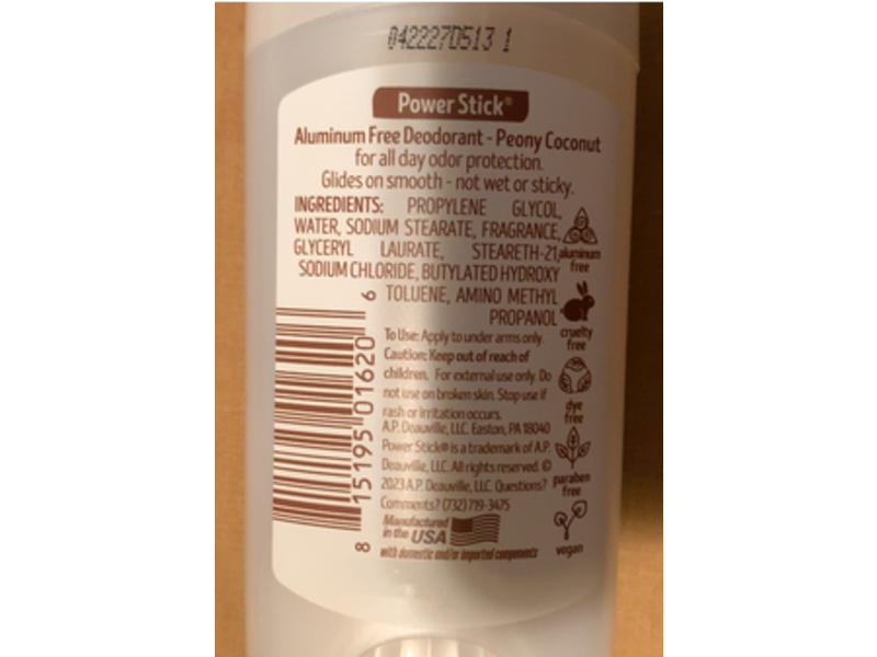 Power Stick Deodorant, Peony Coconut, 2.5 oz/70.8 g