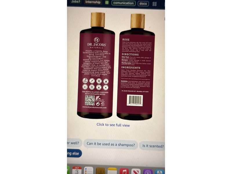 Dr. Jacobs Naturals Rich Castile Body Wash, Rejuvenating Rose, 32 oz/946 mL