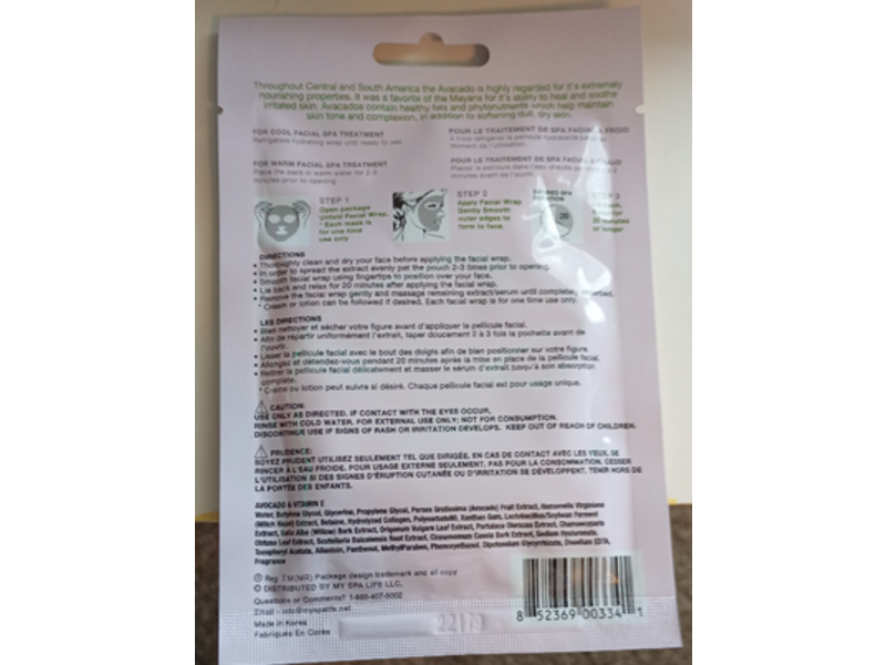 Spa life Face Wraps, Avocado, 0.81 oz, 1 Count