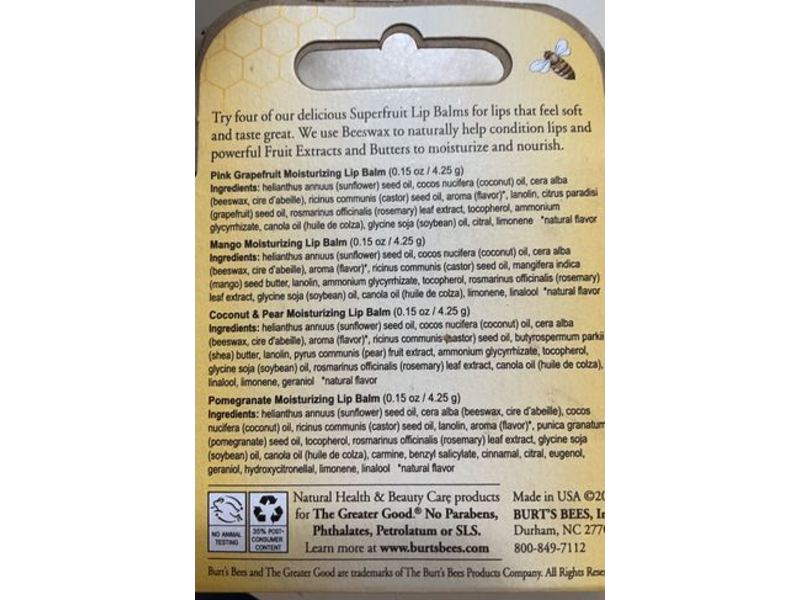 Burt's Bees Natural Moisturizing Lip Balm, Pink Grapefruit, Mango, Coconut & Pear, Pomegranate, Pack Of 4