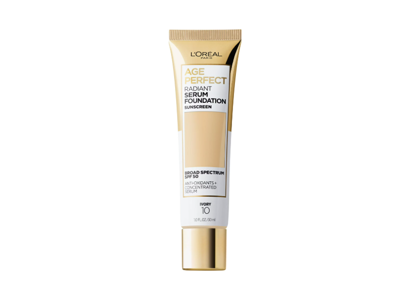 L'Oreal Paris Age Perfect Radiant Serum Foundation, SPF 50, 10 Ivory, 1 fl oz/30 mL