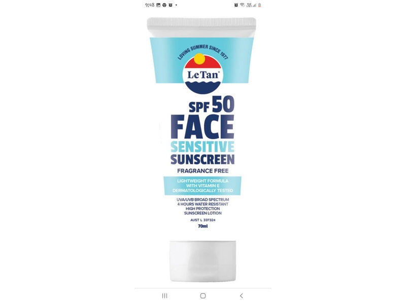 Le Tan Face Sensitive Sunscreen Lotion, Vitamin E, SPF 50, 70 mL