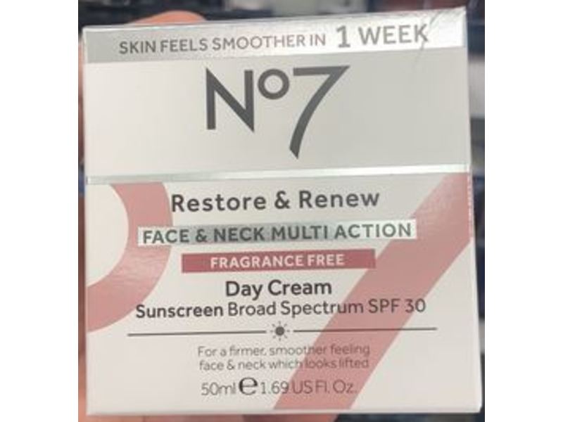 No7 Restore & Renew Face & Neck Multiaction Day Cream, Fragrance Free, SPF 30, 1.69 fl oz/50 mL