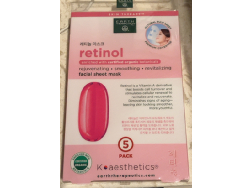 Earth Therapeutics Facial Sheet Mask, Retinol, Organic Botanicals, 0.70 fl oz/20 mL, 5 Pack
