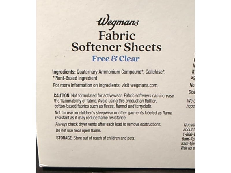 Wegmans Fabric Softener Sheets, Free & Clear,80 Count
