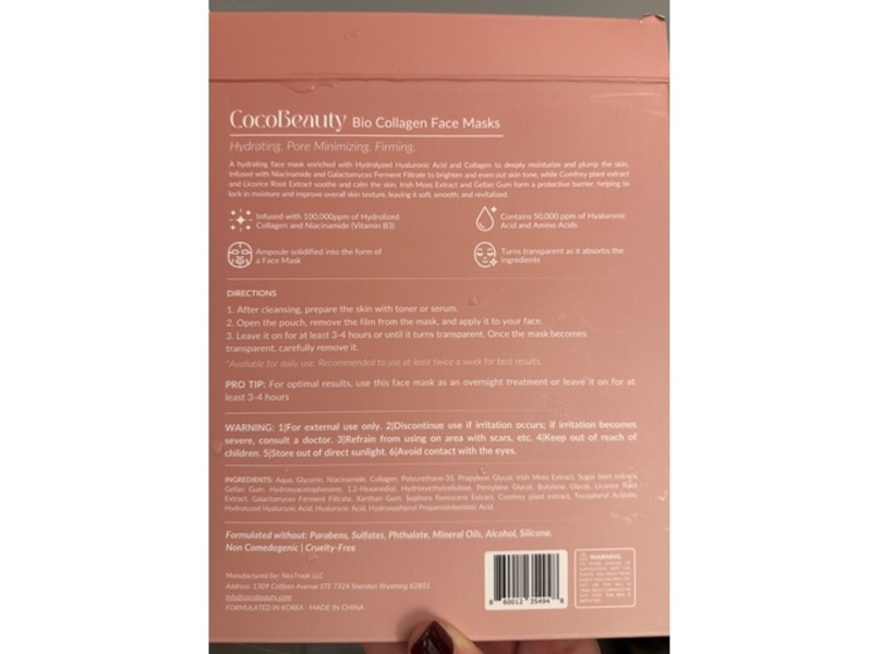 Coco Beauty Bio-Collagen Face Masks, 4.76 oz/136 g