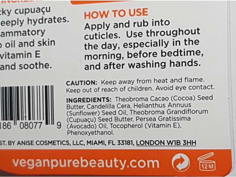 Vegan Pure Ultra Moisturizing Cuticle Balm, Cupuacu Butter+Avocado Oil+ Vitamin E, 17 g