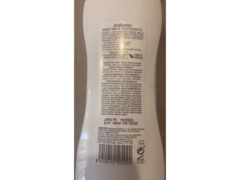 Babaria Body Milk, Reafirmante, Aloe Vera, 16.6 fl oz/500 mL