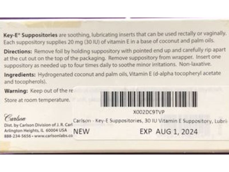 Carlson Key.E Suppositories, Vitamin E Soothing Inserts, 24 Inserts