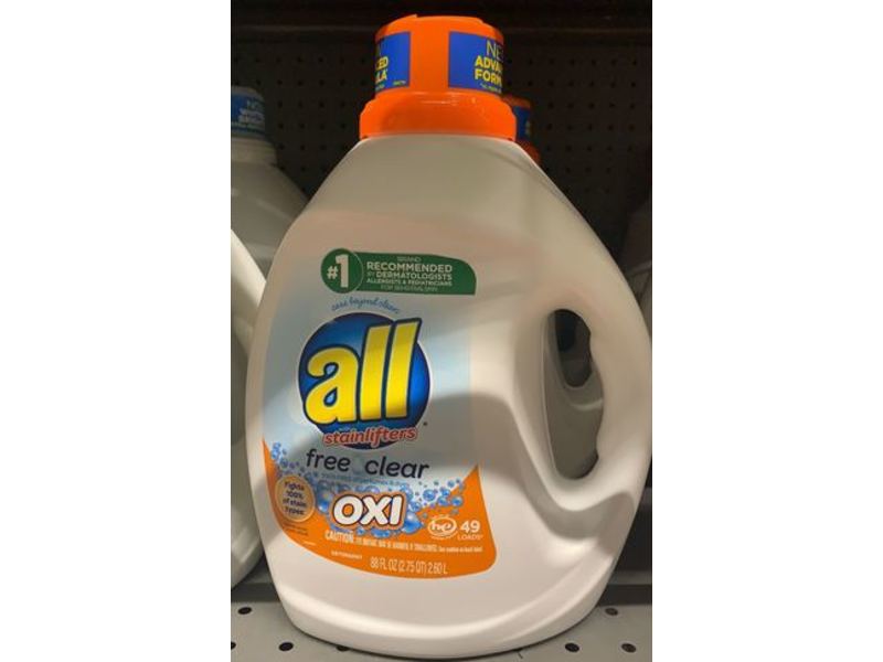 All With Stainlifters Oxi Detergent, Free & Clear, 49 Loads, 88 fl oz/2.60 L