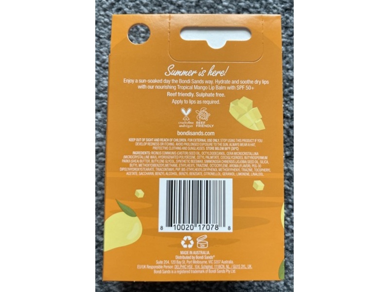 Bondi Sands Sunscreen Lip Balm, SPF 50+, Tropical Mango, 0.35 oz/10 g