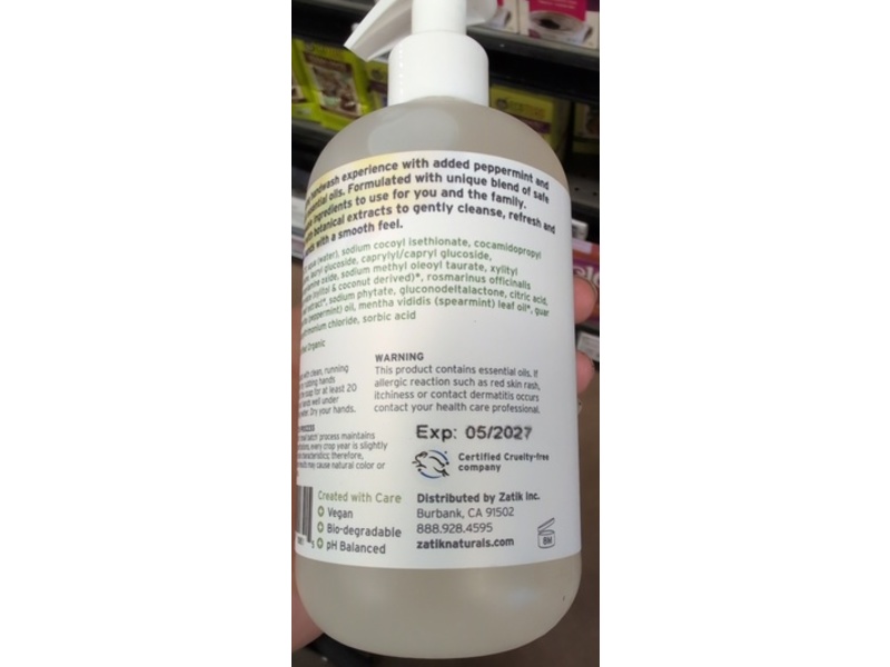 Zatik Naturals Moisturizing Hand Soap, Cool Mint, - 12 fl oz/355 mL