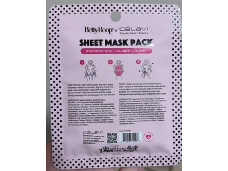 Betty Boop Sheet Mask, Hyaluronic Acid, Collagen & Coconut, 1 Count
