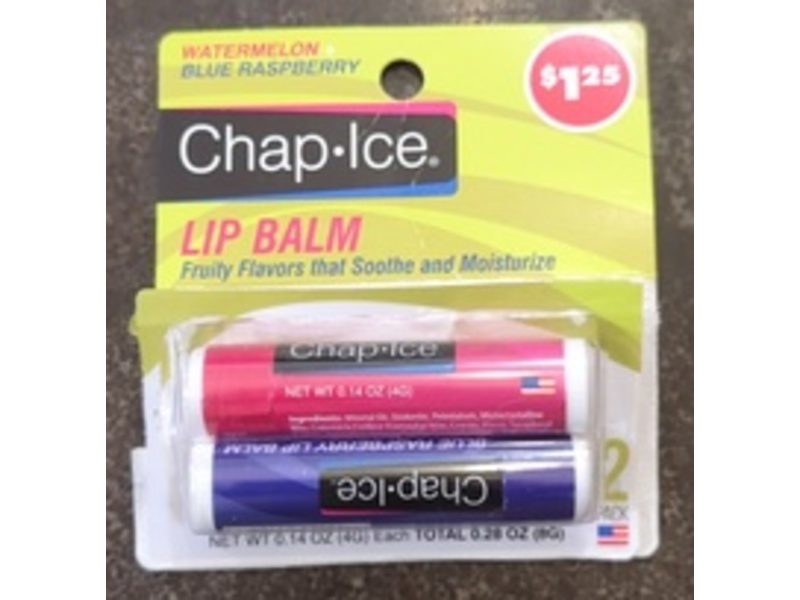 Chap Ice Crazy Lip Balm, Watermelon & Blue Raspberry, 0.28 oz/8 g, Pack Of 2