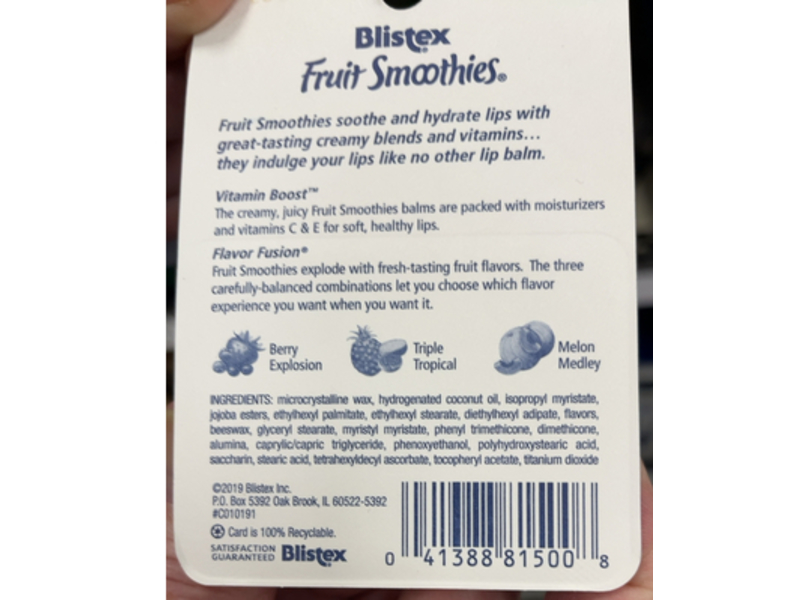 Blistex Fruit Smoothies Lip Moisturizer Sticks, Melon Medley + Berry Explosion & Triple Tropical, 0.10 oz/2.83 g, 3 Count, Pack Of 2