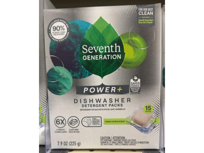 Seventh Generation Power+ Dishwasher Detergent Packs, Fresh Citrus Scent, 7.9 oz/225 g, 15 Packs