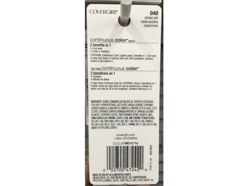 CoverGirl Continuous Color Lipstick, Parisian Pink 040, 0.13 oz/3 g