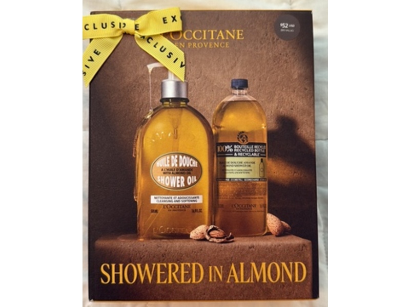 L'Occitane En Provence Showered In Almond Duo Set, Shower Oil + Refill, Almond Oil, 16.9 fl oz/500 mL