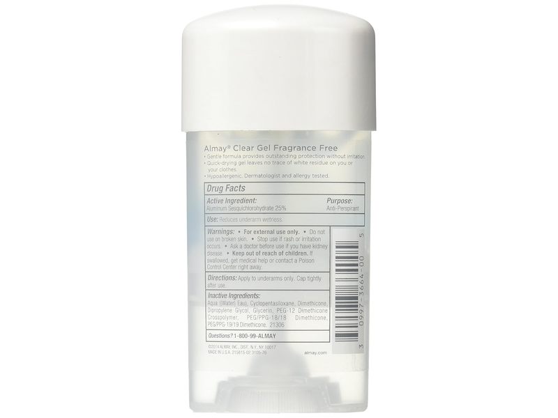 Almay Antiperspirant & Deodorant Clear Gel, Fragrance-Free, 2.25 oz/63 g