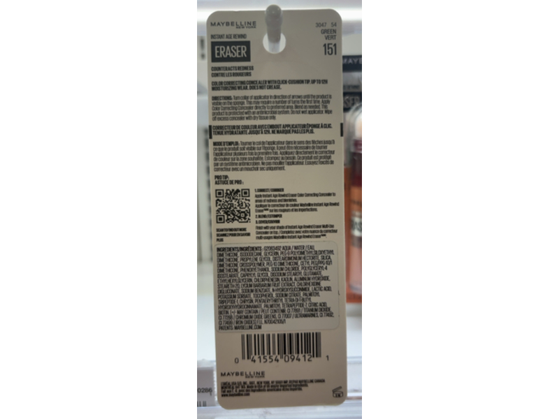 Maybelline New York Instant Age Rewind Instant Eraser Color Correcting Concealer, 151 Green Vert, 0.2 fl oz/6 mL