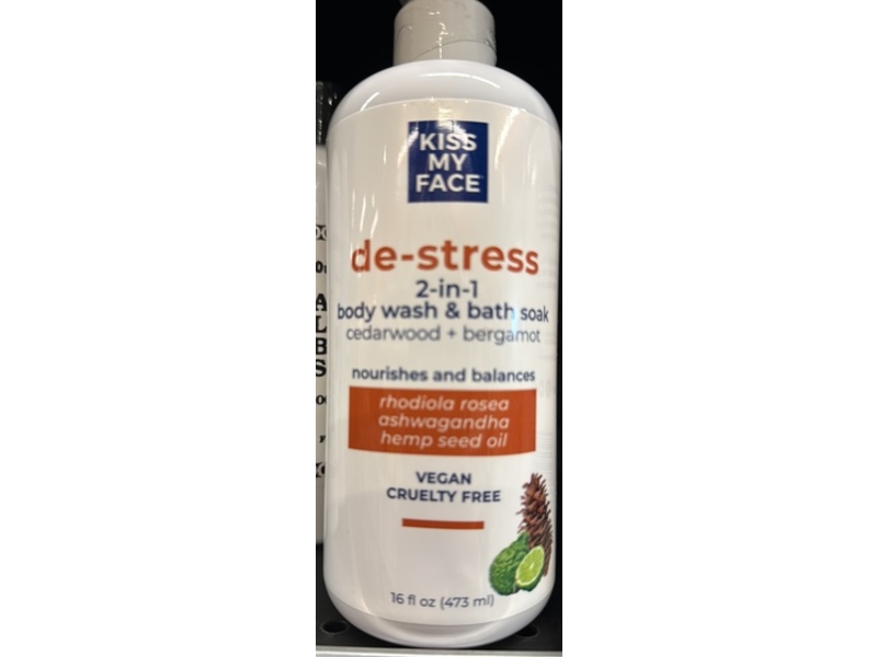 Kiss My Face De-Stress 2-In-1 Body Wash & Bath Soak, Cedarwood+Bergamot, 16 fl oz/473 mL