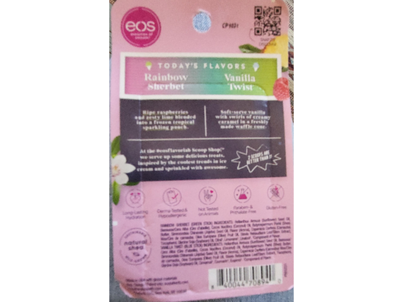 EOS Flavorlab Lip Balm, Rainbow Sherbet & Vanilla Twist, 0.14 oz/4 g, Pack Of 2