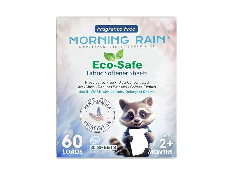 Morning Rain Eco-Safe Fabric Softener Sheets, Fragrance Free, 30 Sheets, 60 Loads
