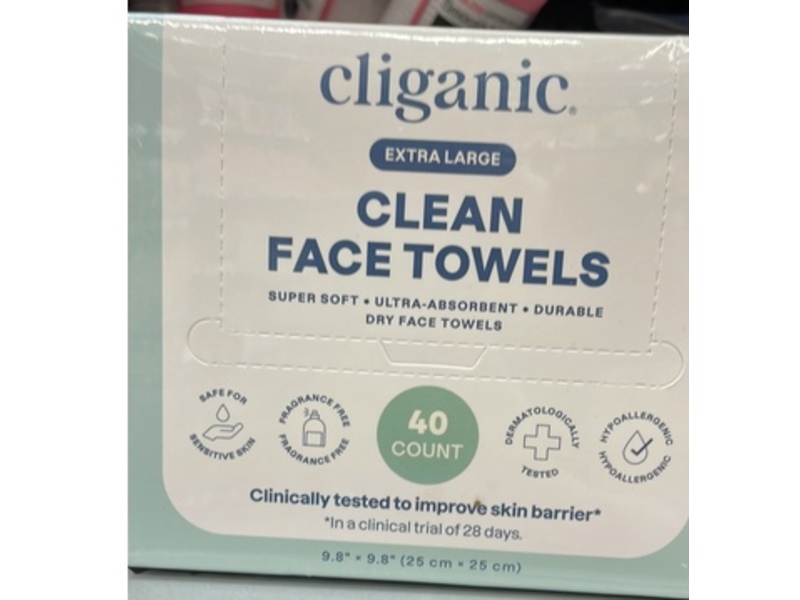 Cliganic Clean face Towels, Extra Large, Fragrance Free, 40 Count