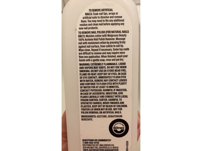 Walgreens 100% Acetone Nail Polish Remover, 16 fl oz/473 mL