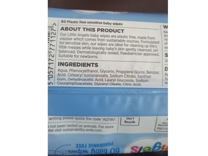 Little Angels ASDA Sensitive Baby Wipes, 60 Count