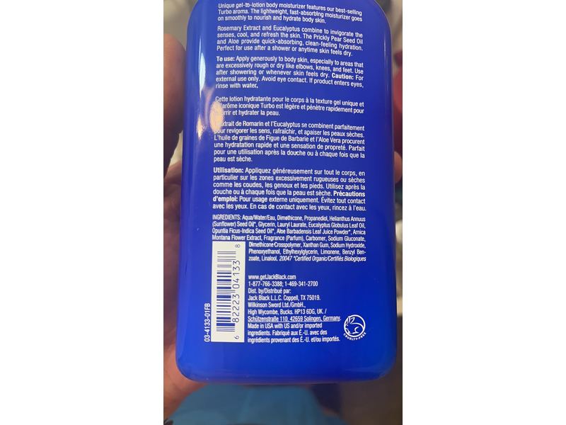 Jack Black Turbo Body Lotion Energizing Gel Moisturizer, 16 fl oz/473 mL