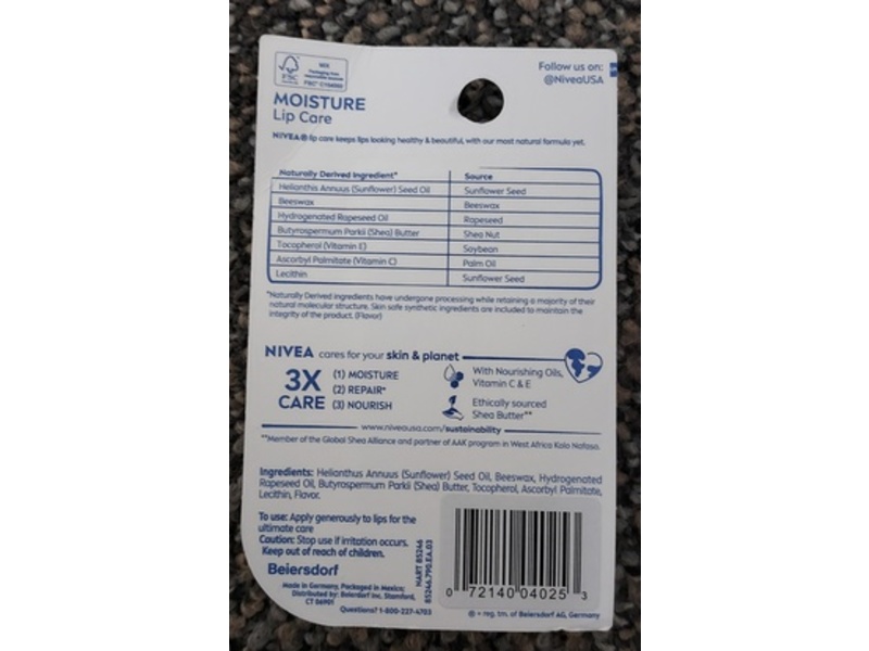 Nivea Moisture Lip Care, 0.17 oz/4.8 g, Pack Of 2