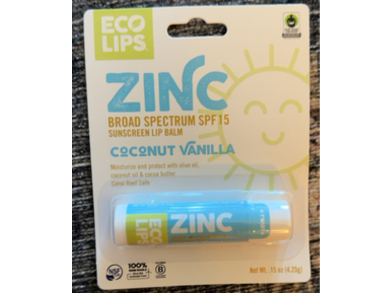 Eco Lips Zinc Sunscreen Lip Balm Broad Spectrum, Coconut Vanilla, Spf 15, 15 oz/4.25 g