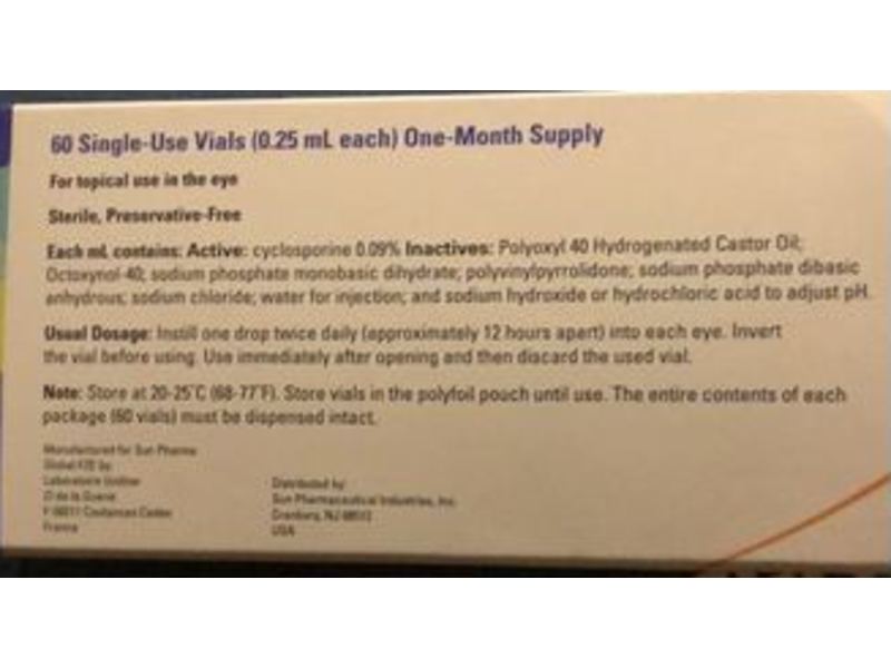 Cequa (cyclosporine ophthalmic solution) 0.09%, 60 Count, Sun Pharmaceutical Industries, Inc. (RX)