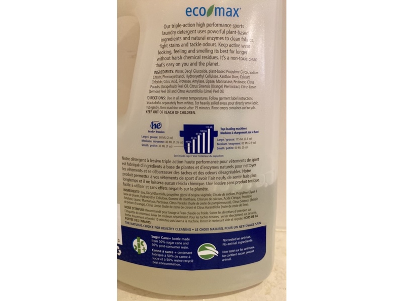 Eco Max Sport Laundry Detergent, Citrus Blast, 64 Loads, 64 fl oz/1.89 L