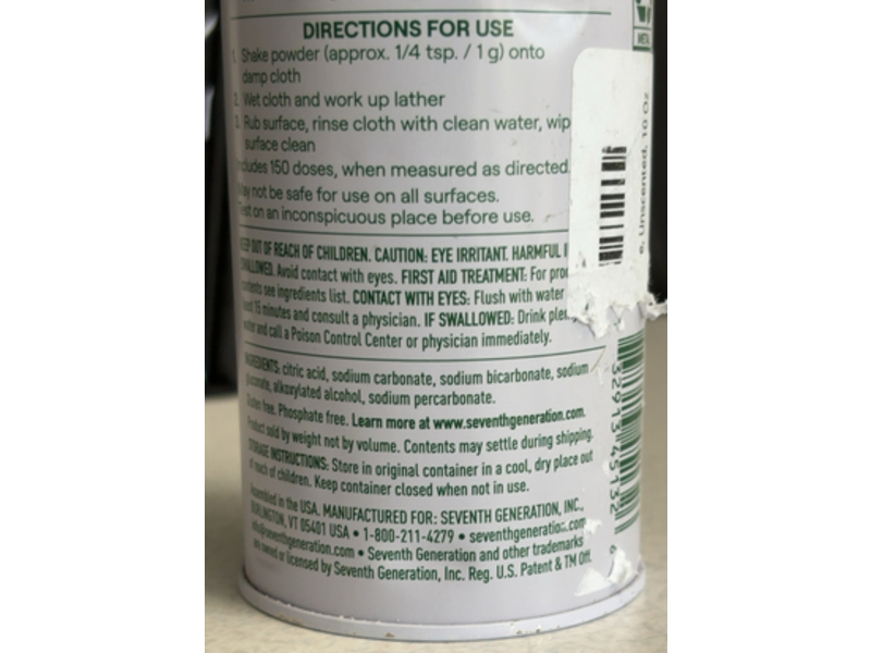 Seventh Generation Zero Plastic Bathroom Cleaning Powder, 150 Loads, 5.4 oz/153 g
