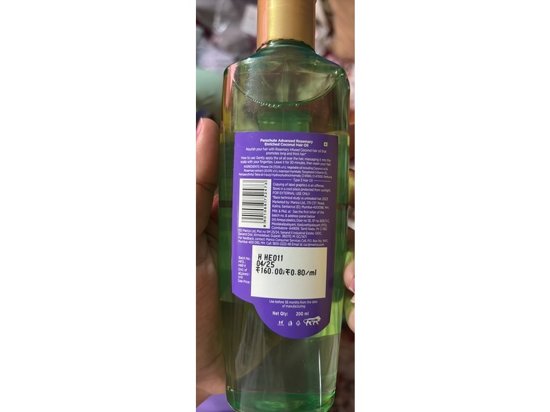 Parachute Advansed Rosemary Enriched Coconut Oil, 200 mL